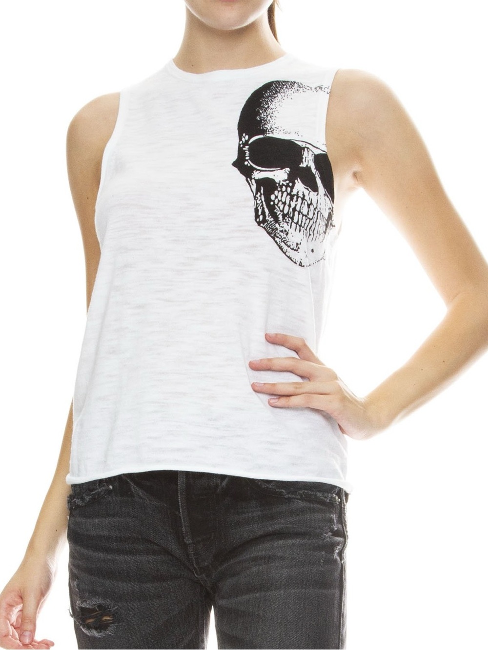 Skull Cashmere Luxury White Cotton Tank Top Rockabilly Goth Minimalist Luxury XS
